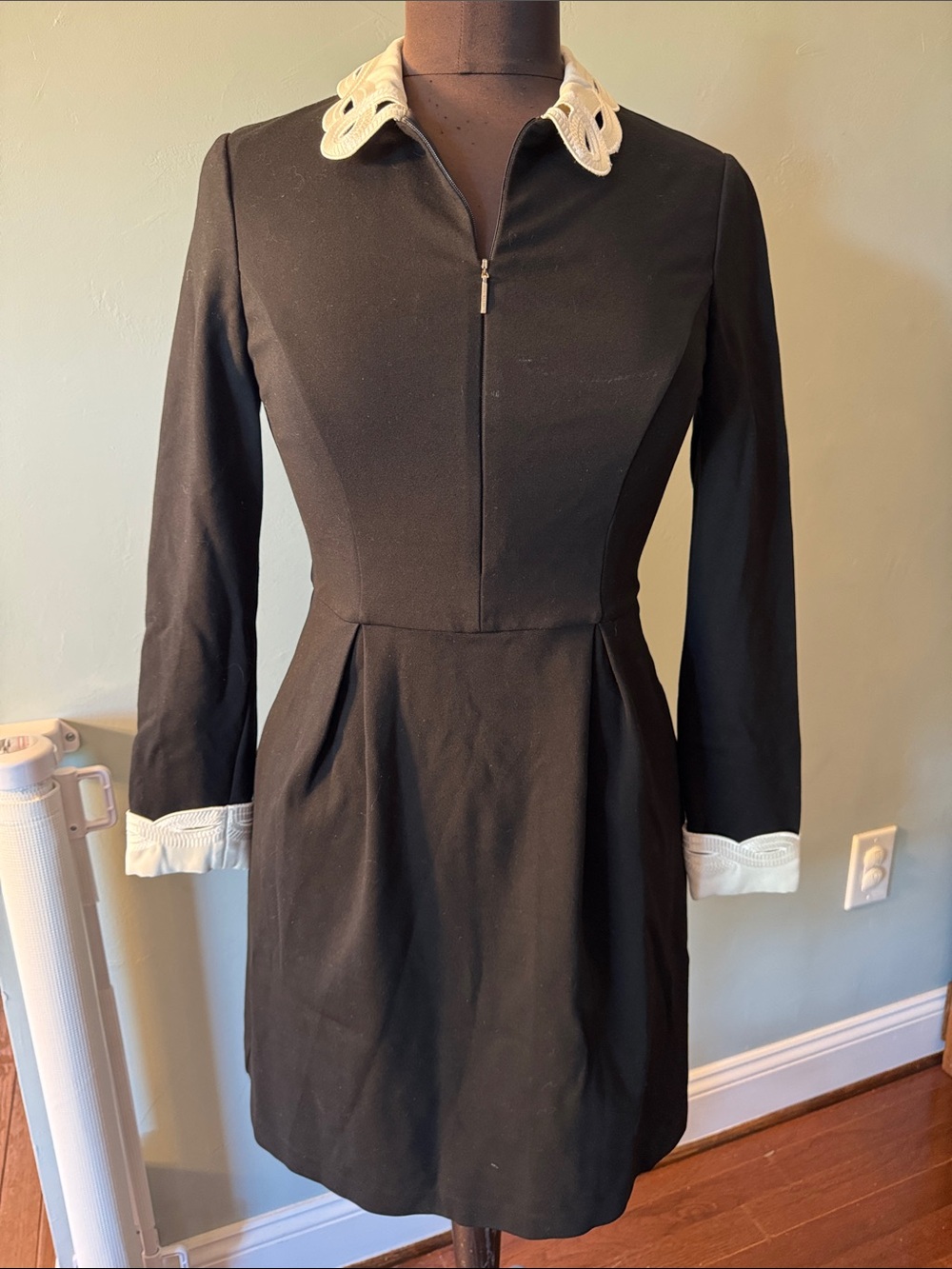 Ted Baker Black Long-Sleeve Dress with White Scalloped Collar and Cuffs